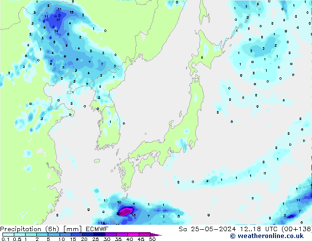Totale neerslag (6h) ECMWF za 25.05.2024 18 UTC