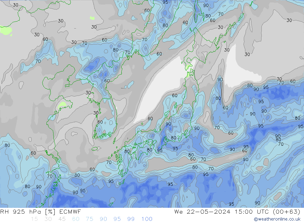 Humidité rel. 925 hPa ECMWF mer 22.05.2024 15 UTC