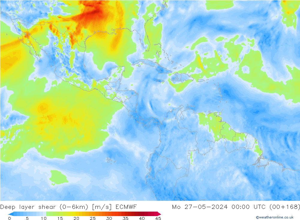 Deep layer shear (0-6km) ECMWF Mo 27.05.2024 00 UTC