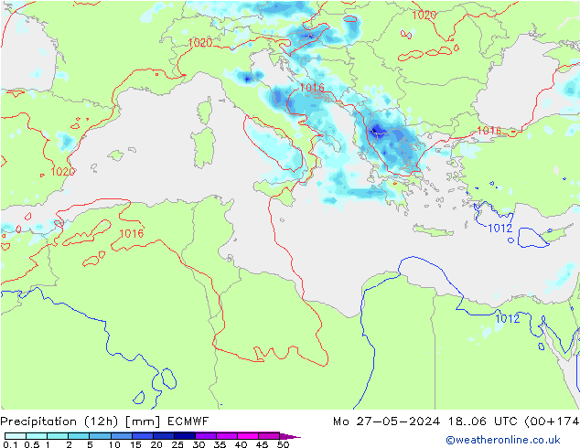 Totale neerslag (12h) ECMWF ma 27.05.2024 06 UTC