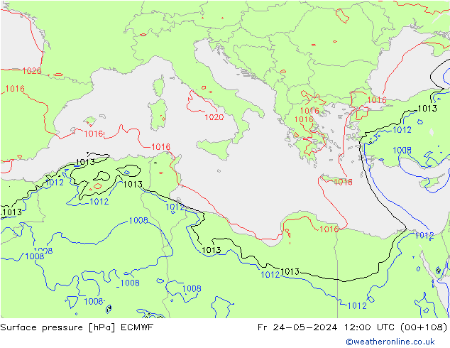 Presión superficial ECMWF vie 24.05.2024 12 UTC