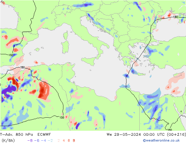 T-Adv. 850 hPa ECMWF mer 29.05.2024 00 UTC