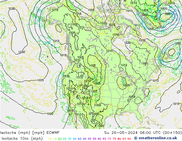Isotachs (mph) ECMWF dim 26.05.2024 06 UTC