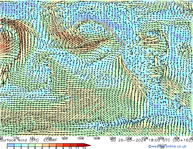 Rüzgar 10 m (bft) ECMWF Paz 26.05.2024 18 UTC