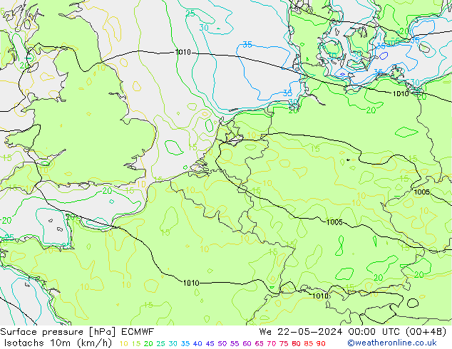Isotachs (kph) ECMWF mer 22.05.2024 00 UTC