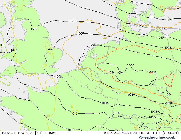 Theta-e 850hPa ECMWF mer 22.05.2024 00 UTC