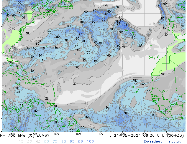 Humidité rel. 700 hPa ECMWF mar 21.05.2024 09 UTC