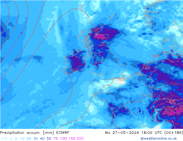 Precipitación acum. ECMWF lun 27.05.2024 18 UTC