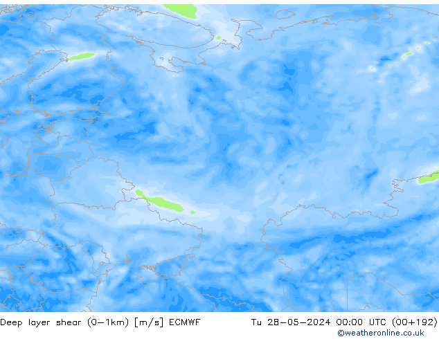 Deep layer shear (0-1km) ECMWF mar 28.05.2024 00 UTC
