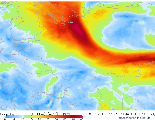 Deep layer shear (0-6km) ECMWF ma 27.05.2024 00 UTC