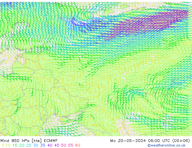 Viento 850 hPa ECMWF lun 20.05.2024 06 UTC