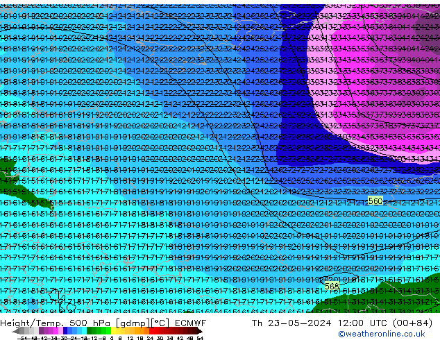 Z500/Rain (+SLP)/Z850 ECMWF czw. 23.05.2024 12 UTC