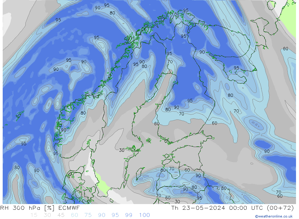Humidité rel. 300 hPa ECMWF jeu 23.05.2024 00 UTC