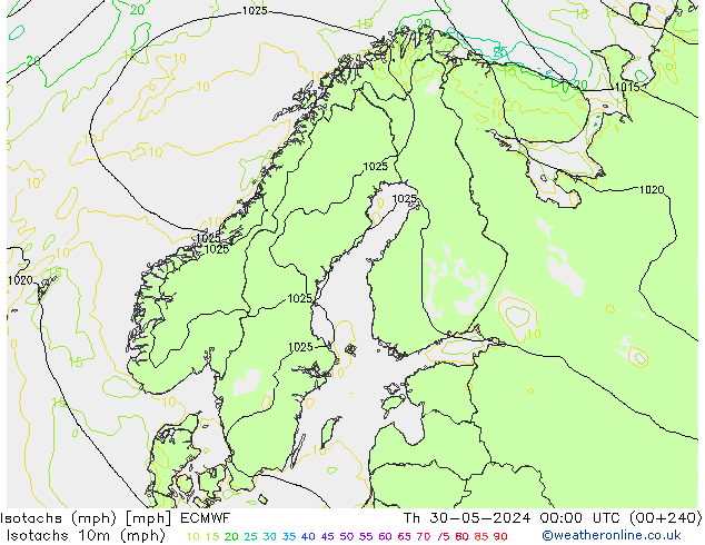 Isotachs (mph) ECMWF Čt 30.05.2024 00 UTC