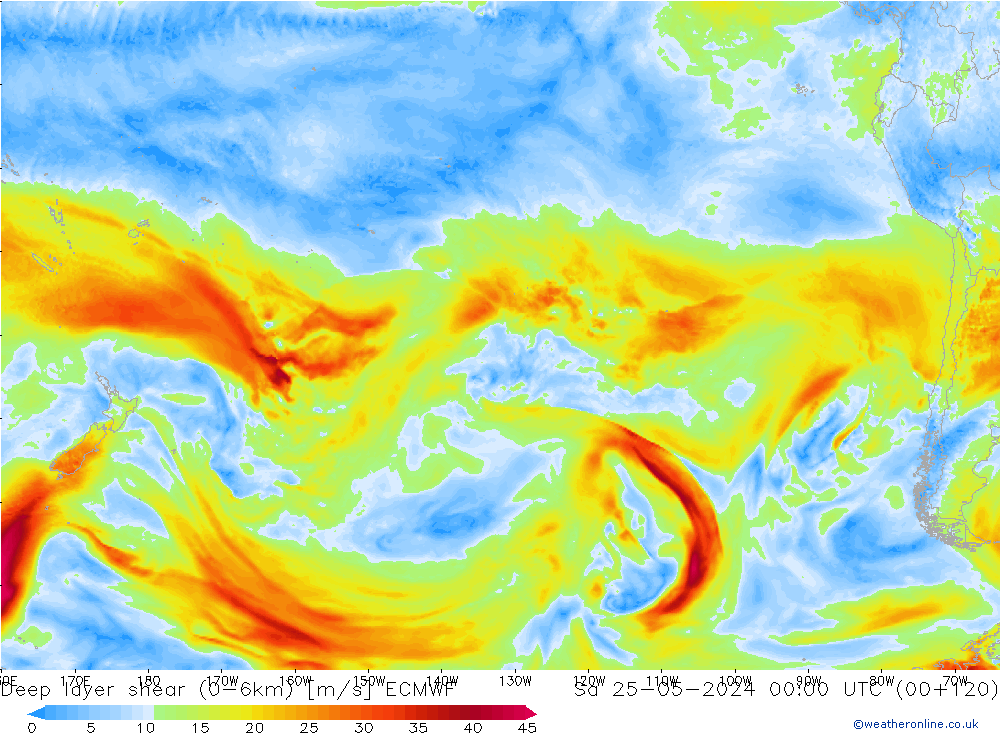 Deep layer shear (0-6km) ECMWF Sa 25.05.2024 00 UTC