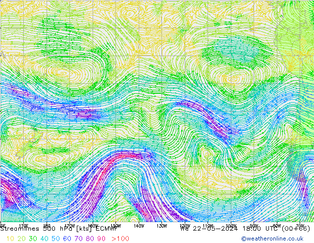 Linea di flusso 500 hPa ECMWF mer 22.05.2024 18 UTC