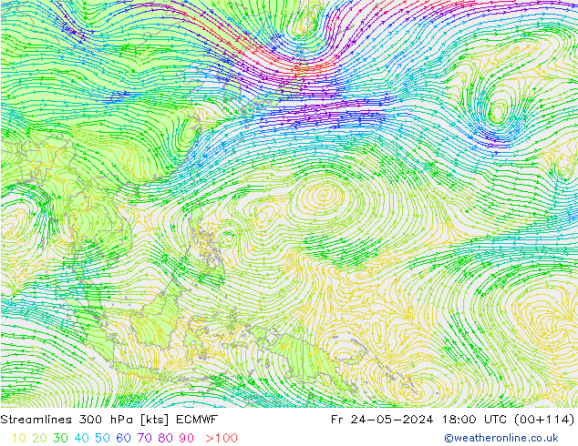 Linia prądu 300 hPa ECMWF pt. 24.05.2024 18 UTC