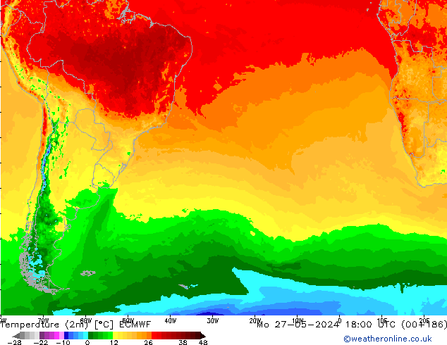 Temperature (2m) ECMWF Po 27.05.2024 18 UTC