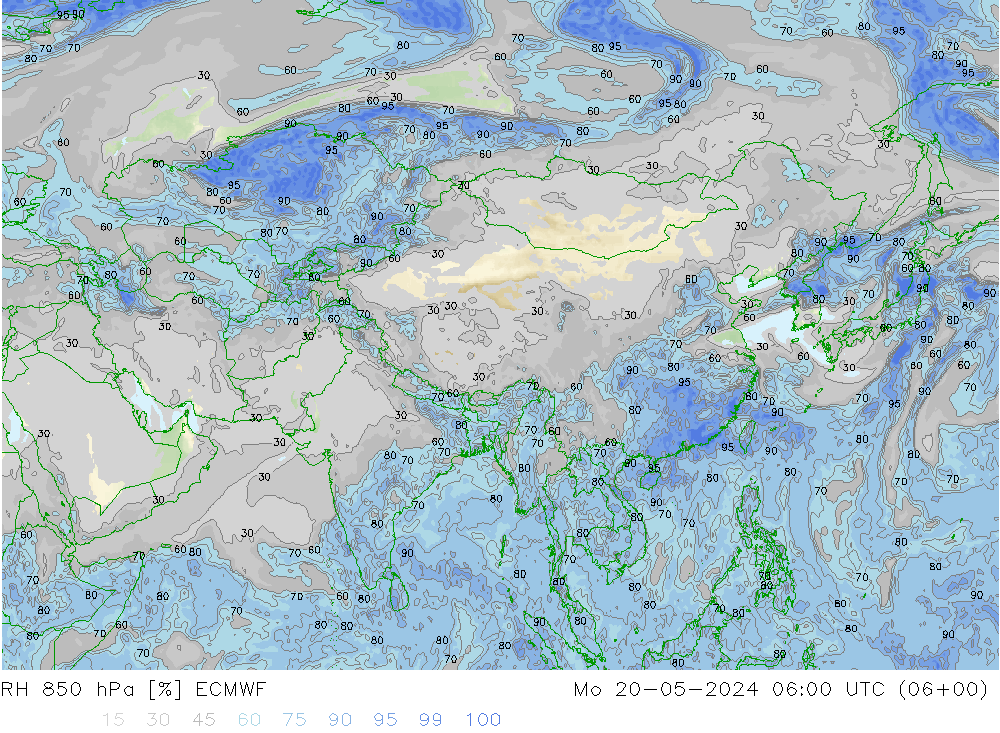 Humedad rel. 850hPa ECMWF lun 20.05.2024 06 UTC
