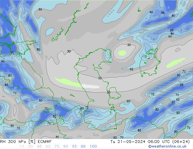 RH 300 hPa ECMWF Tu 21.05.2024 06 UTC