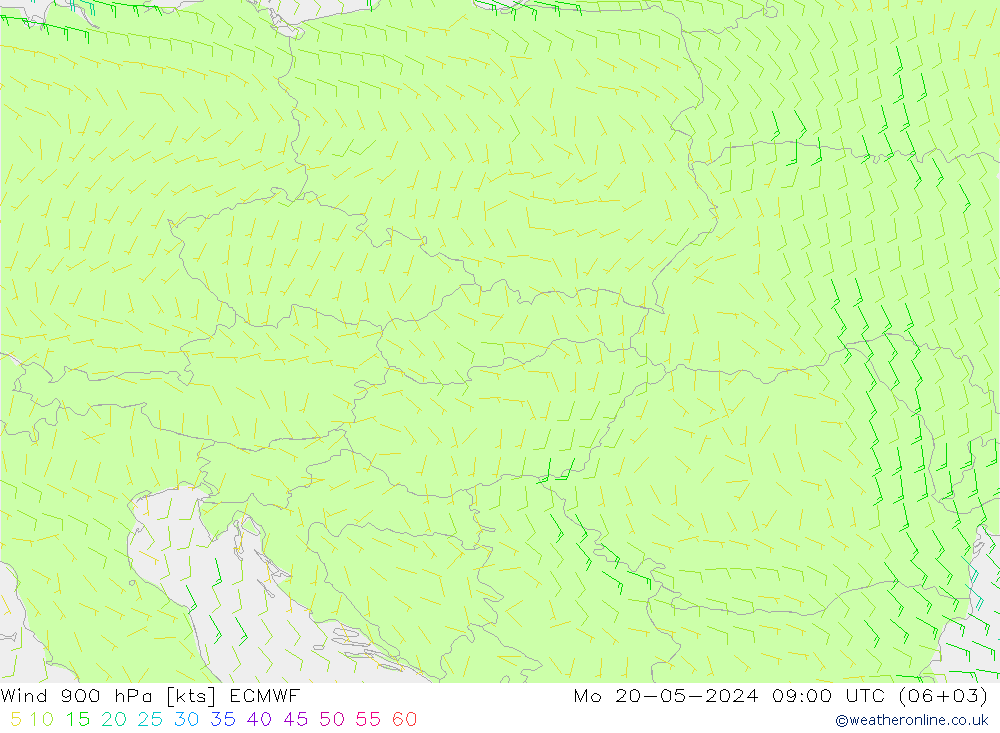wiatr 900 hPa ECMWF pon. 20.05.2024 09 UTC