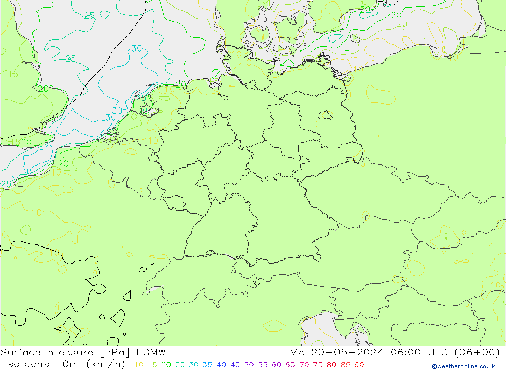 Izotacha (km/godz) ECMWF pon. 20.05.2024 06 UTC
