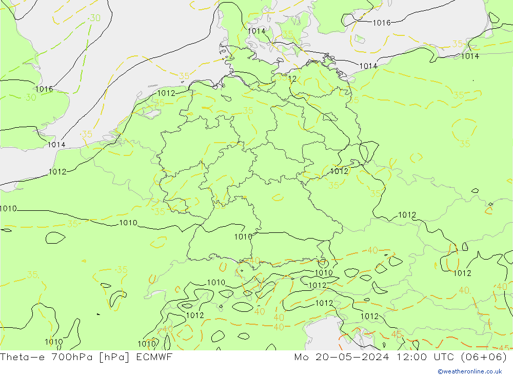 Theta-e 700hPa ECMWF pon. 20.05.2024 12 UTC