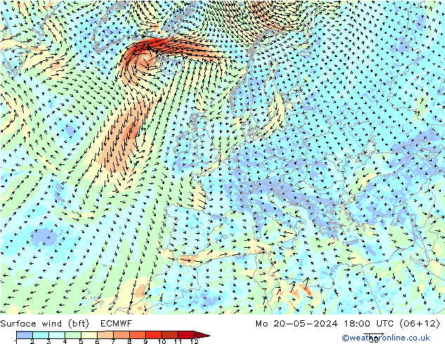 Wind 10 m (bft) ECMWF ma 20.05.2024 18 UTC