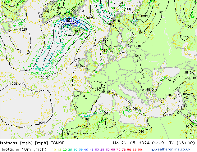 Izotacha (mph) ECMWF pon. 20.05.2024 06 UTC