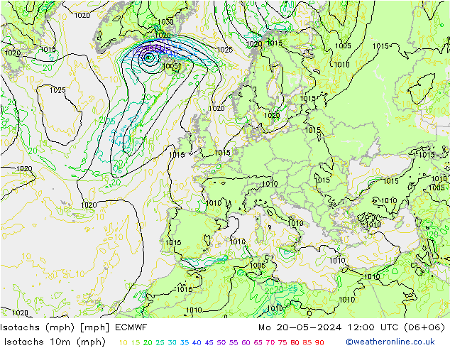 Isotachen (mph) ECMWF Mo 20.05.2024 12 UTC