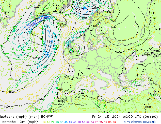 Isotachen (mph) ECMWF Fr 24.05.2024 00 UTC