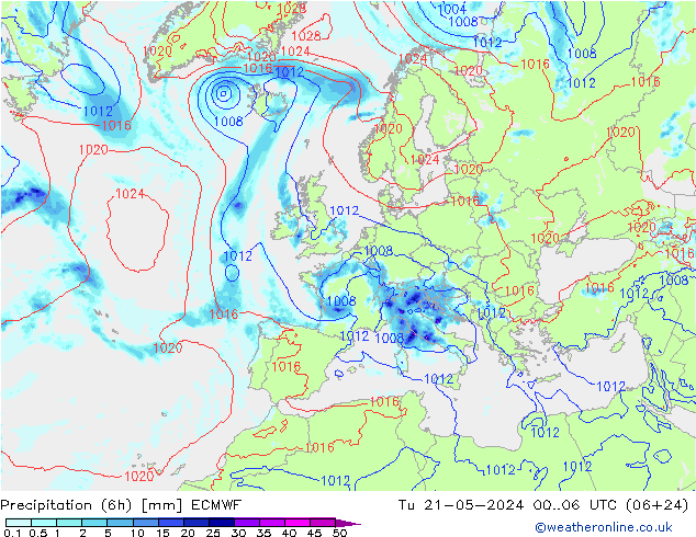 Z500/Rain (+SLP)/Z850 ECMWF Ter 21.05.2024 06 UTC