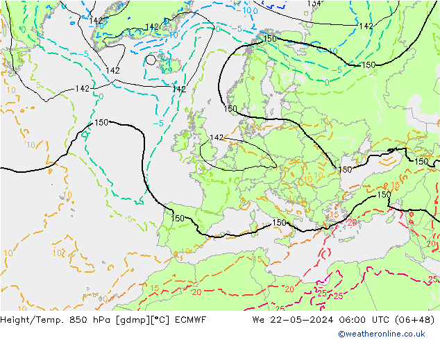 Height/Temp. 850 hPa ECMWF Mi 22.05.2024 06 UTC