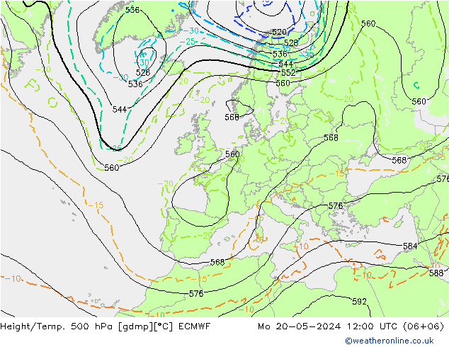 Z500/Rain (+SLP)/Z850 ECMWF пн 20.05.2024 12 UTC
