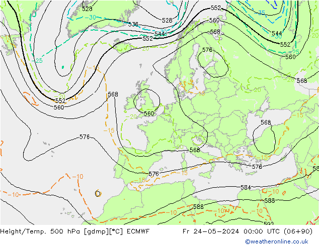 Hoogte/Temp. 500 hPa ECMWF vr 24.05.2024 00 UTC