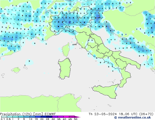 Precipitation (12h) ECMWF Čt 23.05.2024 06 UTC