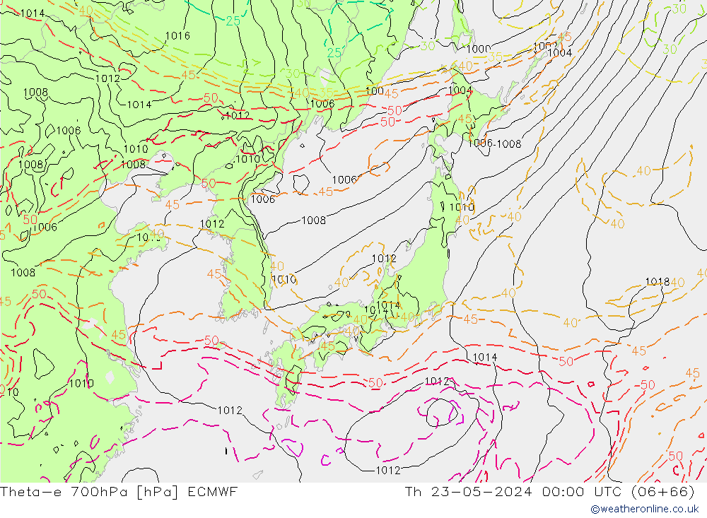 Theta-e 700hPa ECMWF jue 23.05.2024 00 UTC