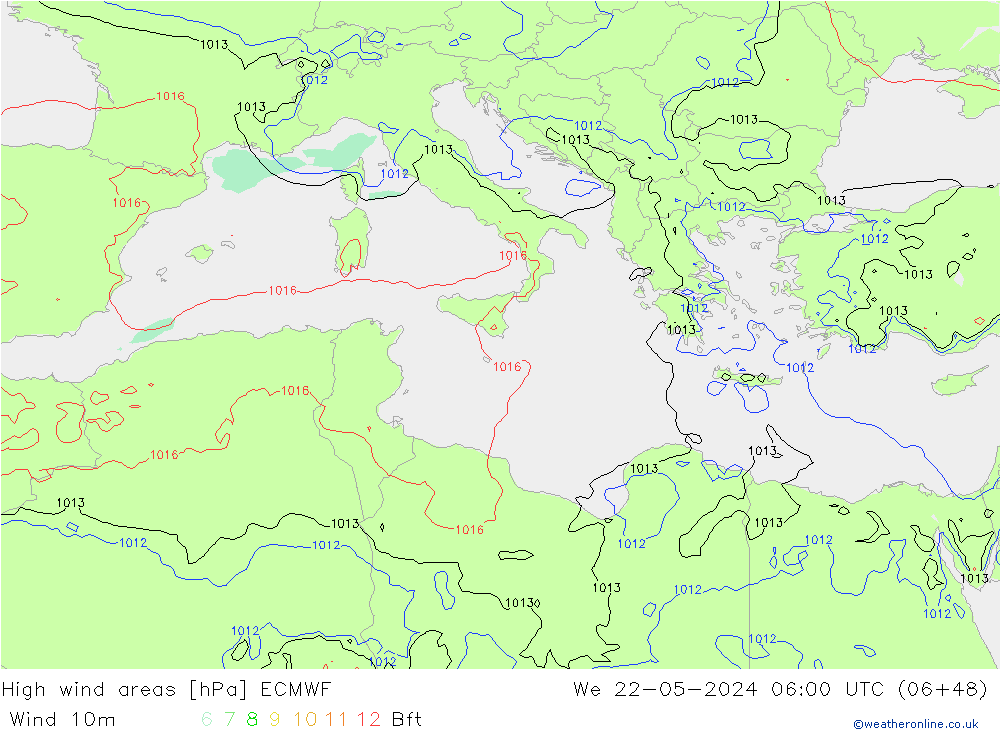 High wind areas ECMWF Qua 22.05.2024 06 UTC