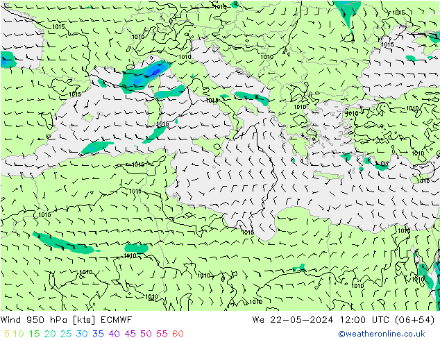 Prec 6h/Wind 10m/950 ECMWF We 22.05.2024 12 UTC
