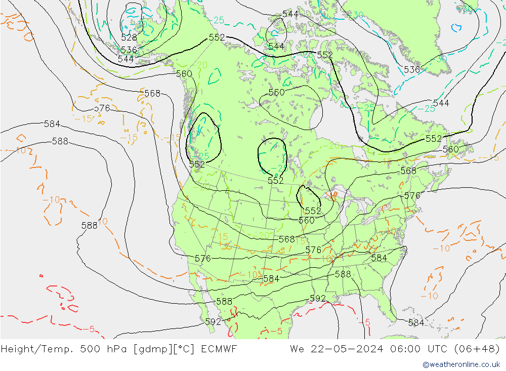 Z500/Rain (+SLP)/Z850 ECMWF mer 22.05.2024 06 UTC