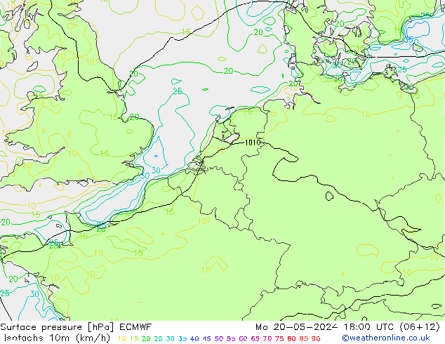 Isotachen (km/h) ECMWF Mo 20.05.2024 18 UTC