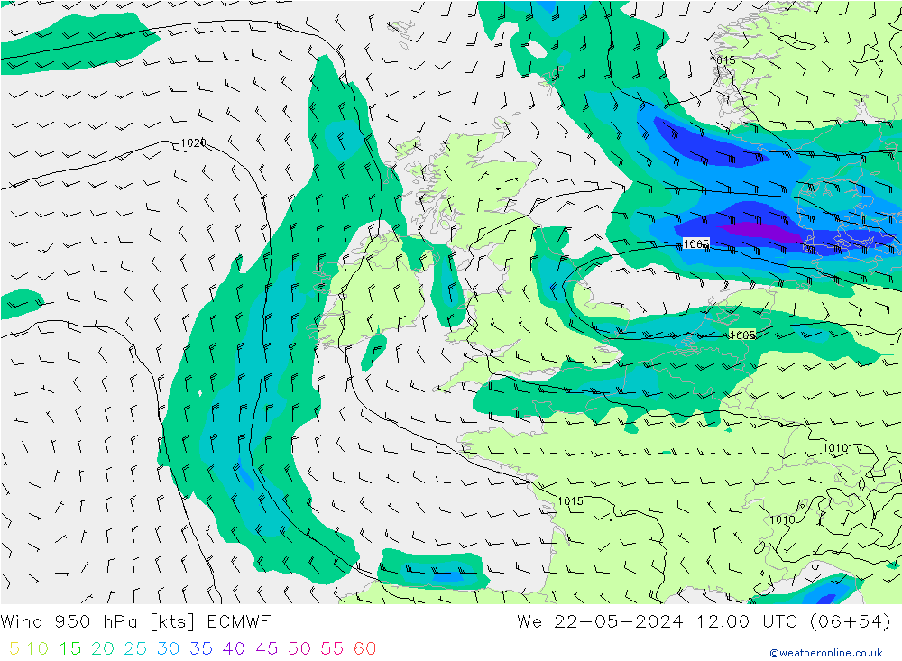 wiatr 950 hPa ECMWF śro. 22.05.2024 12 UTC