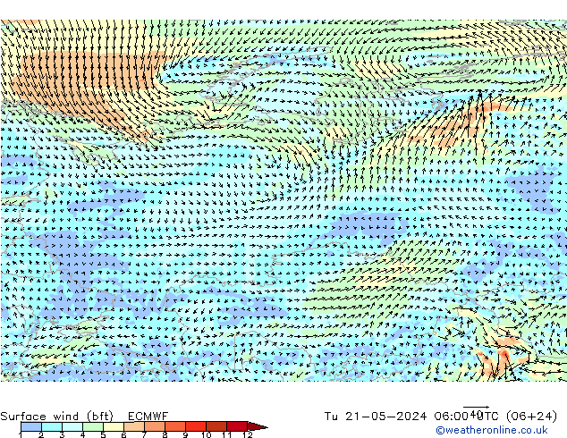 Rüzgar 10 m (bft) ECMWF Sa 21.05.2024 06 UTC