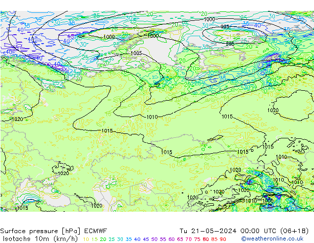 Izotacha (km/godz) ECMWF wto. 21.05.2024 00 UTC