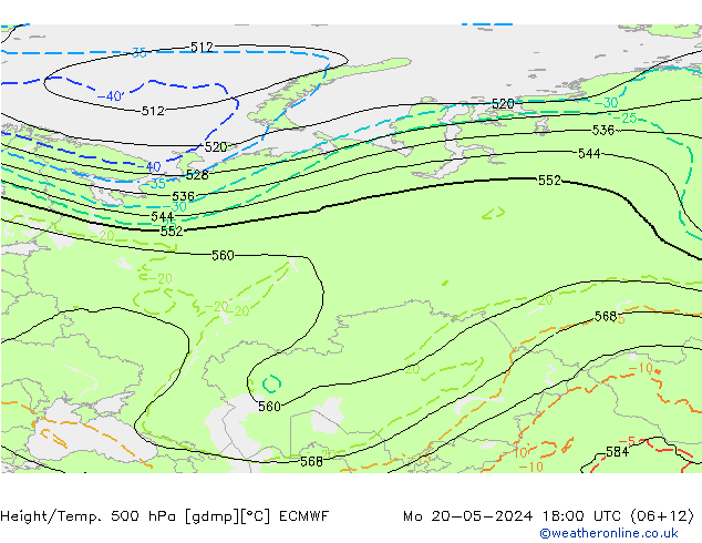 Z500/Rain (+SLP)/Z850 ECMWF pon. 20.05.2024 18 UTC