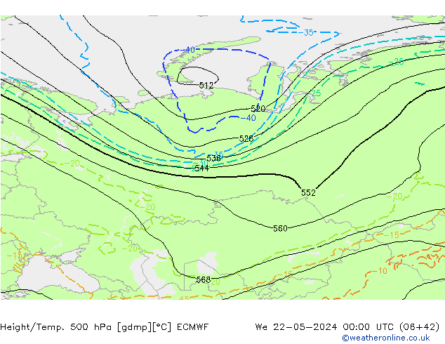 Z500/Yağmur (+YB)/Z850 ECMWF Çar 22.05.2024 00 UTC
