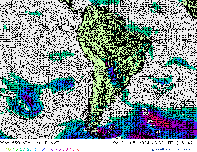 wiatr 850 hPa ECMWF śro. 22.05.2024 00 UTC