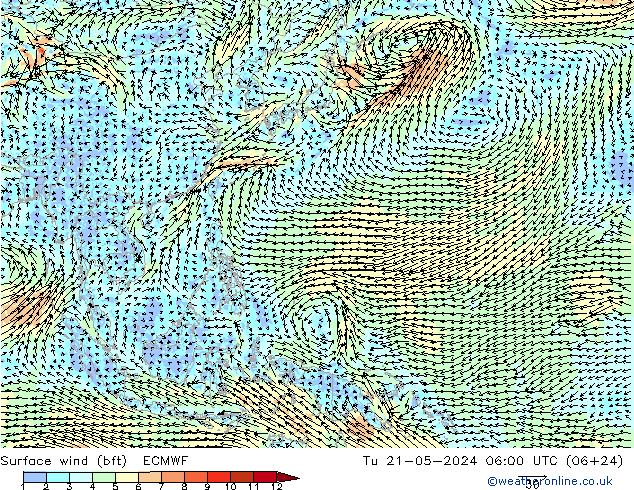 Rüzgar 10 m (bft) ECMWF Sa 21.05.2024 06 UTC