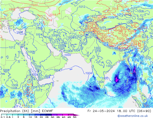 Precipitation (6h) ECMWF Pá 24.05.2024 00 UTC