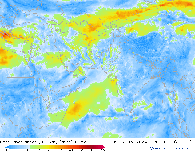 Deep layer shear (0-6km) ECMWF do 23.05.2024 12 UTC